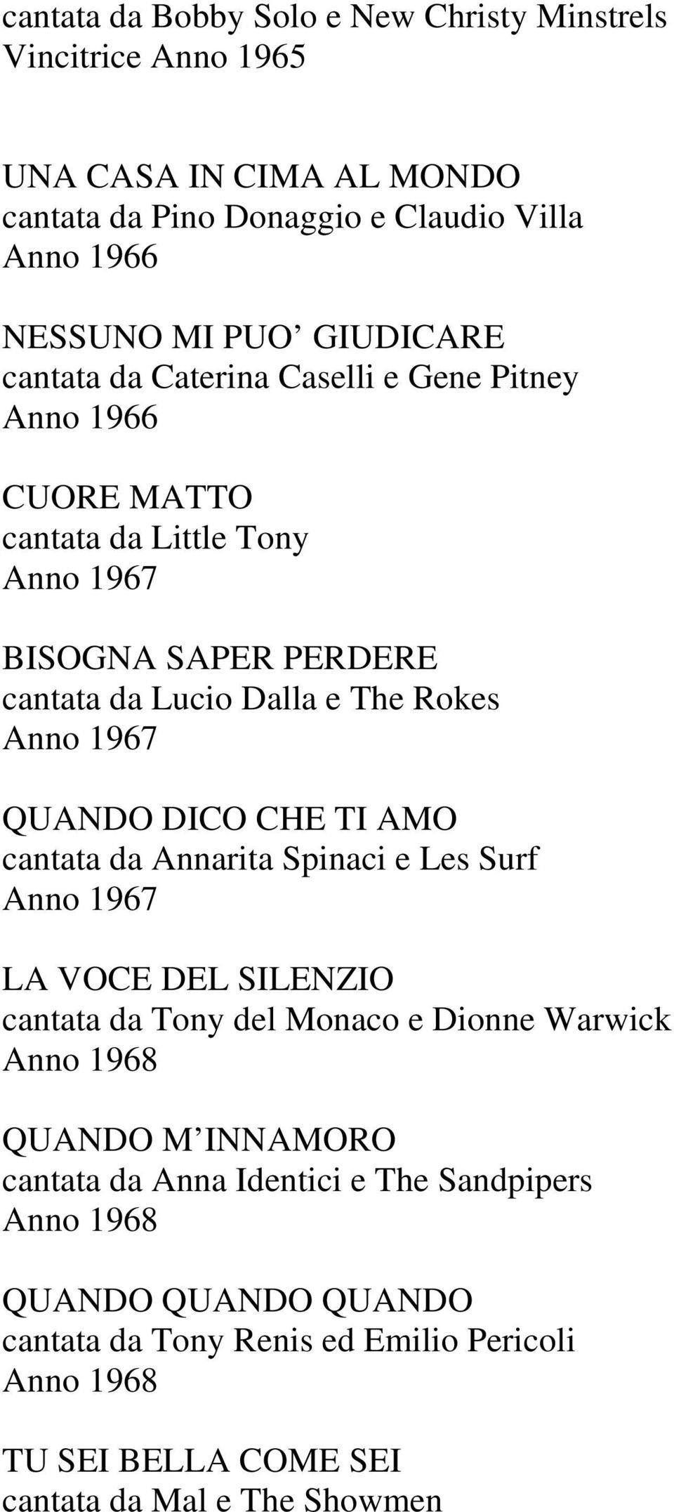 Anno 1967 QUANDO DICO CHE TI AMO cantata da Annarita Spinaci e Les Surf Anno 1967 LA VOCE DEL SILENZIO cantata da Tony del Monaco e Dionne Warwick Anno 1968 QUANDO M