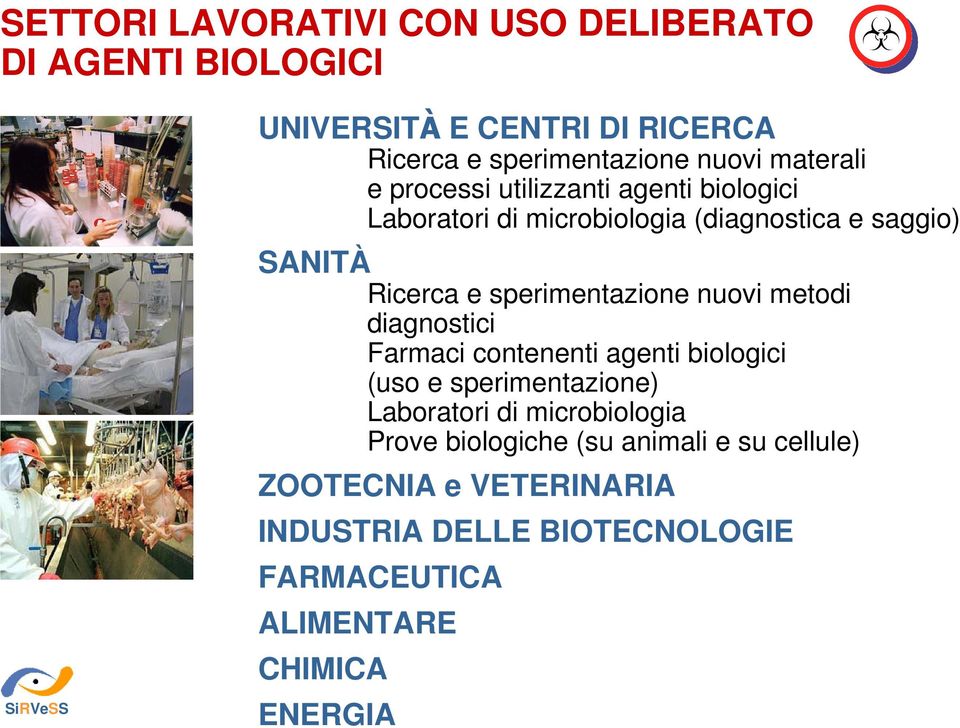 sperimentazione nuovi metodi diagnostici Farmaci contenenti agenti biologici (uso e sperimentazione) Laboratori di