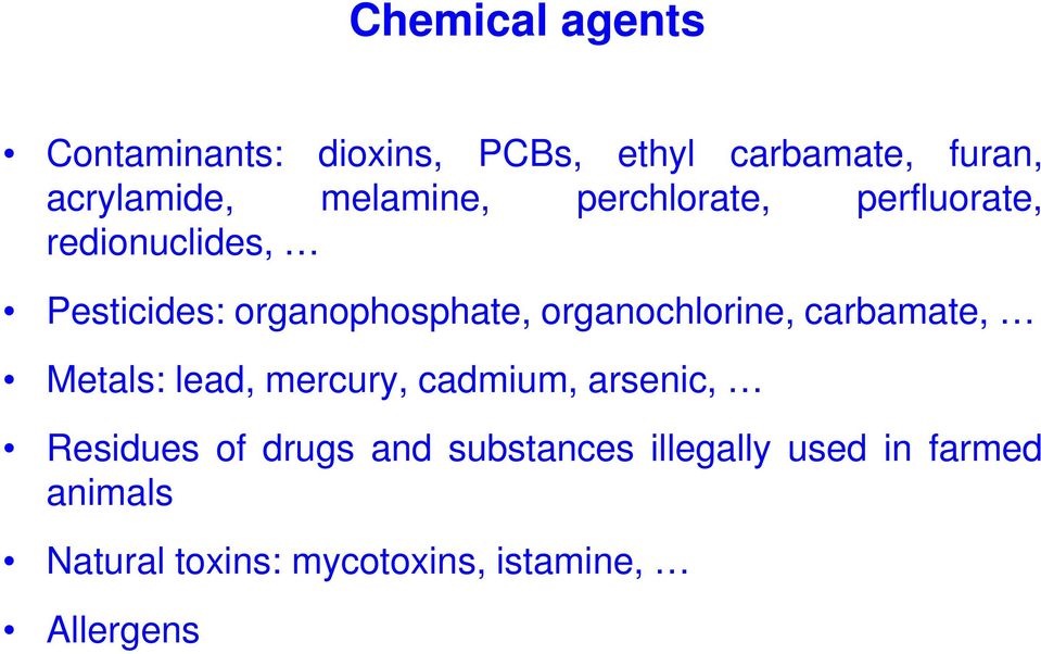 organochlorine, carbamate, Metals: lead, mercury, cadmium, arsenic, Residues of drugs