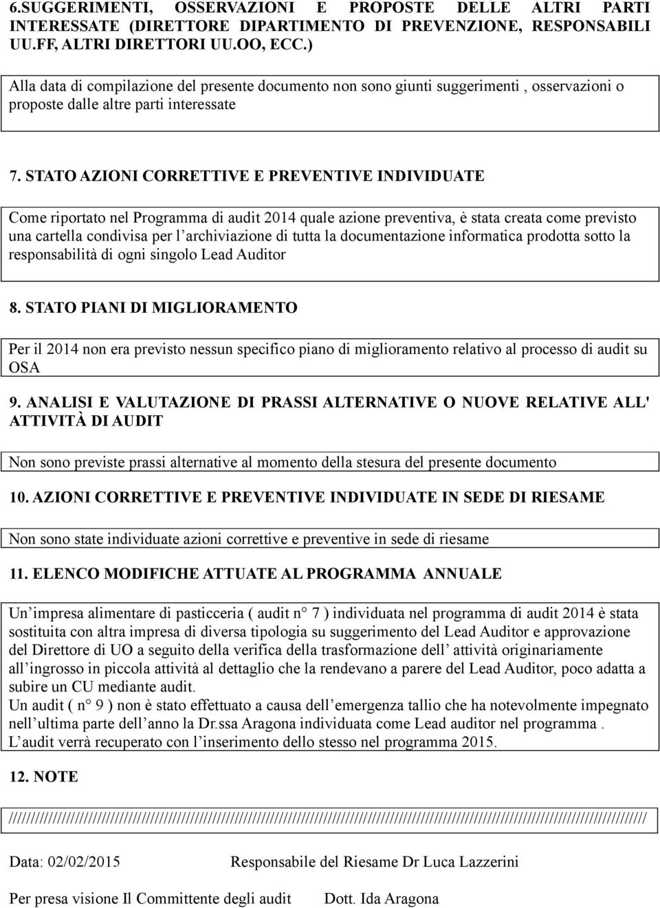 STATO AZIONI CORRETTIVE E PREVENTIVE INDIVIDUATE Come riportato nel Programma di audit 2014 quale azione preventiva, è stata creata come previsto una cartella condivisa per l archiviazione di tutta