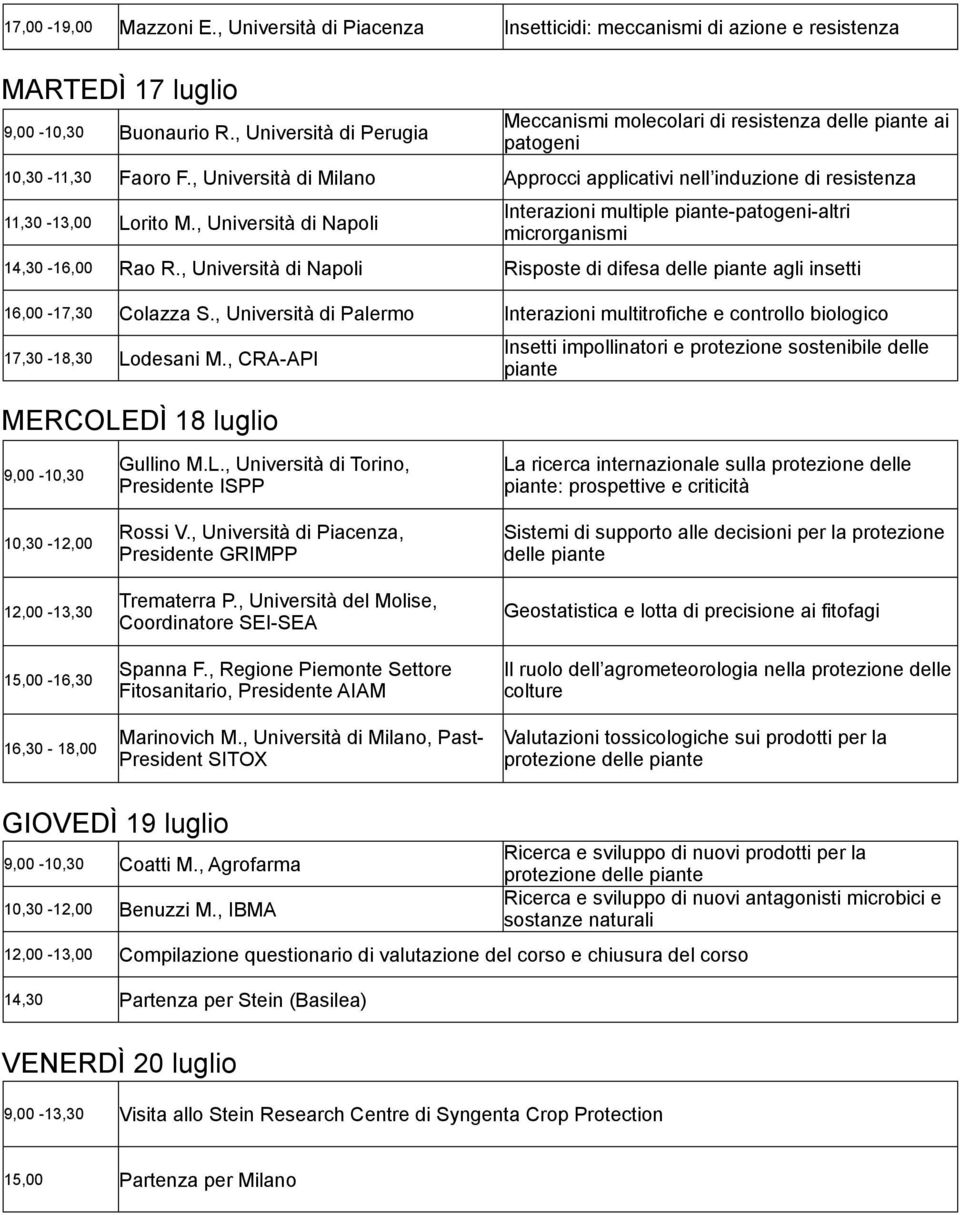, Università di Napoli Interazioni multiple piante-patogeni-altri microrganismi 14,30-16,00 Rao R., Università di Napoli Risposte di difesa delle piante agli insetti 16,00-17,30 Colazza S.