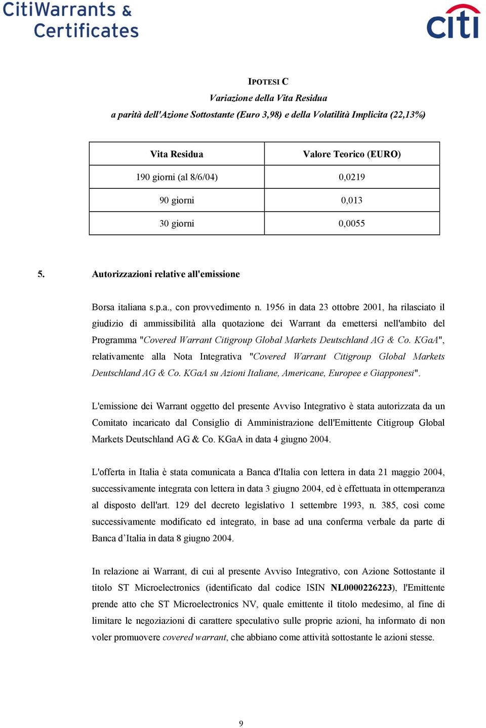 1956 in data 23 ottobre 2001, ha rilasciato il giudizio di ammissibilità alla quotazione dei Warrant da emettersi nell'ambito del Programma "Covered Warrant Citigroup Global Markets Deutschland AG &