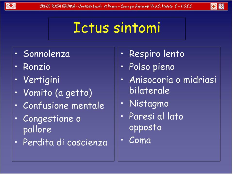 Perdita di coscienza Respiro lento Polso pieno