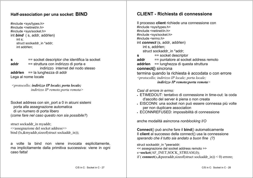 stesso addrlen == la lunghezza di addr Lega al nome locale <protocollo; indirizzo IP locale; porta locale; indirizzo IP remoto;porta remota> Socket address con sin_port a 0 in alcuni sistemi porta