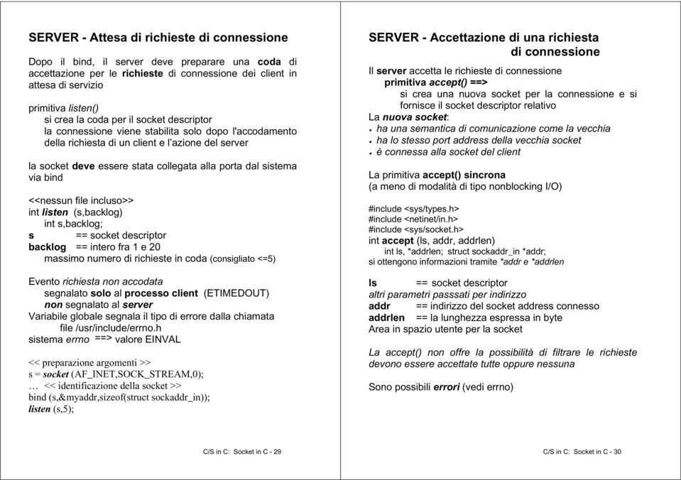 via bind <<nessun file incluso>> int listen (s,backlog) int s,backlog; s == socket descriptor backlog == intero fra 1 e 20 massimo numero di richieste in coda (consigliato <=5) Evento richiesta non