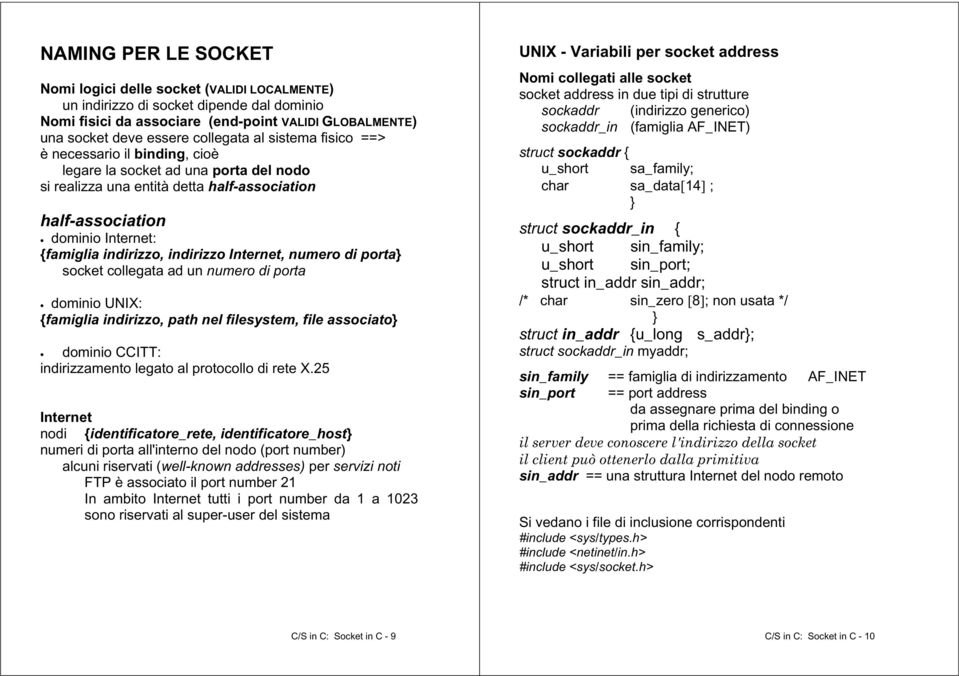 indirizzo Internet, numero di porta socket collegata ad un numero di porta dominio UNIX: {famiglia indirizzo, path nel filesystem, file associato dominio CCITT: indirizzamento legato al protocollo di