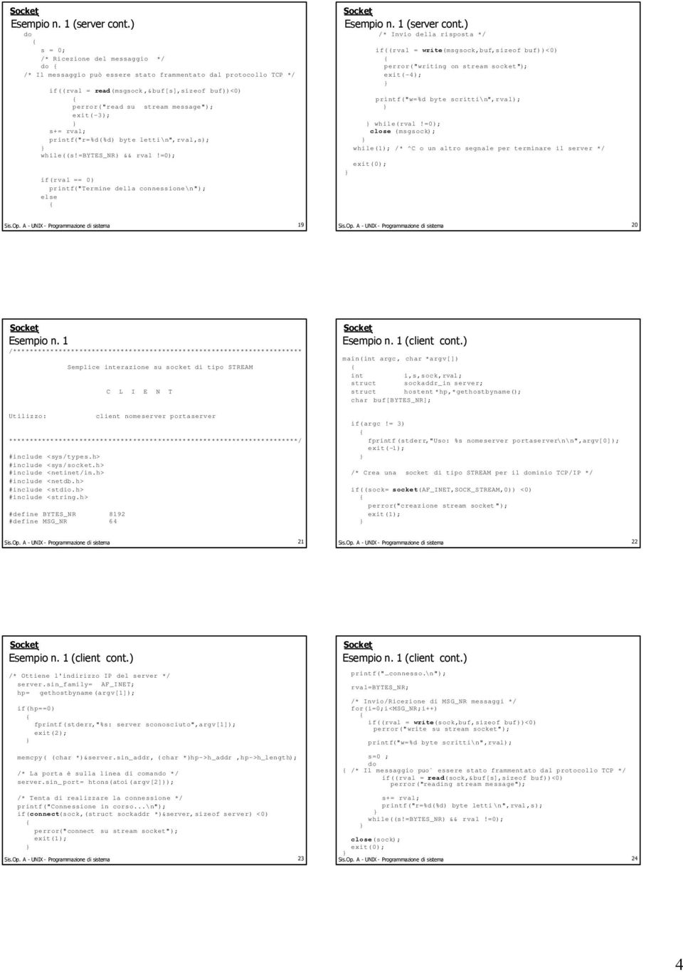 =0); if(rval == 0) prf("termine della connessione\n"); /* Invio della risposta */ if((rval = write(msgsock,buf,sizeof buf))<0) perror("writing on stream socket"); exit(-4); prf("w=%d byte