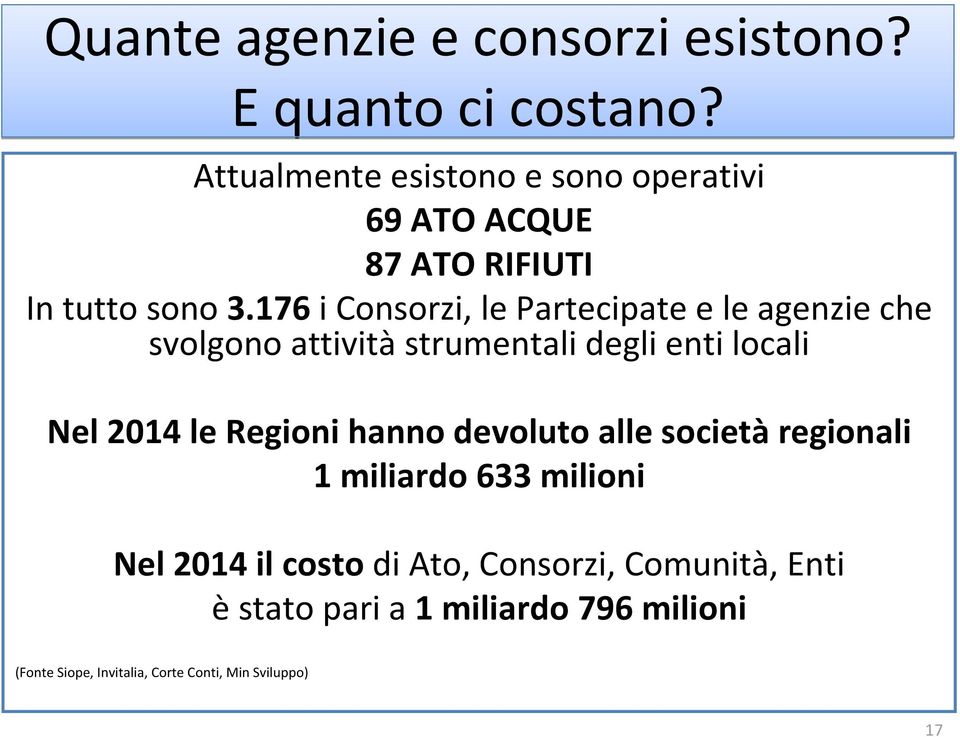 176 i Consorzi, le Partecipate e le agenzie che svolgono attività strumentali degli enti locali Nel 2014 le