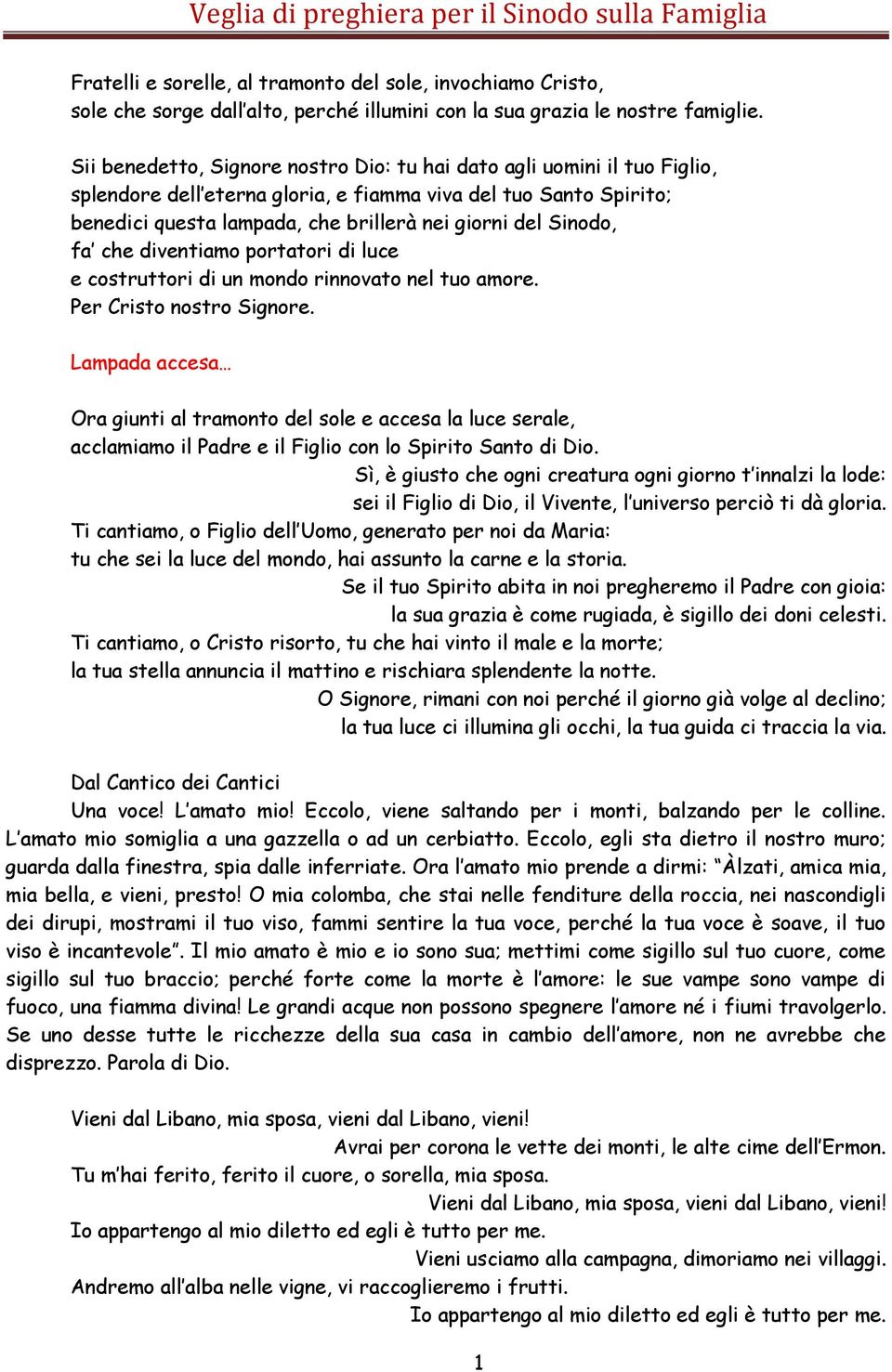 Sinodo, fa che diventiamo portatori di luce e costruttori di un mondo rinnovato nel tuo amore. Per Cristo nostro Signore.