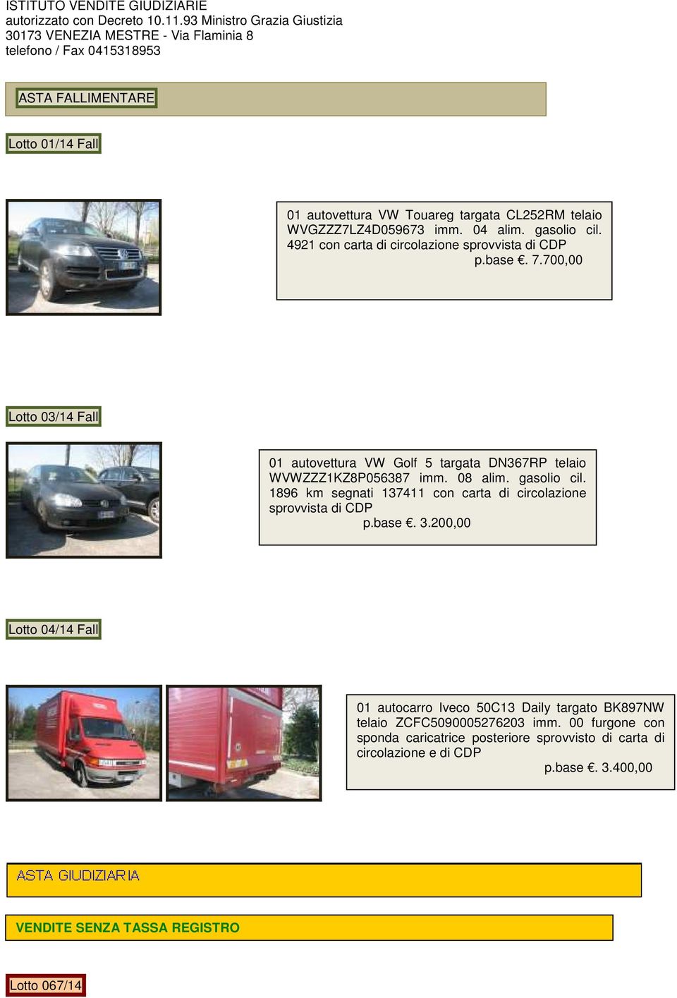 08 alim. gasolio cil. 1896 km segnati 137411 con carta di circolazione sprovvista di CDP p.base. 3.