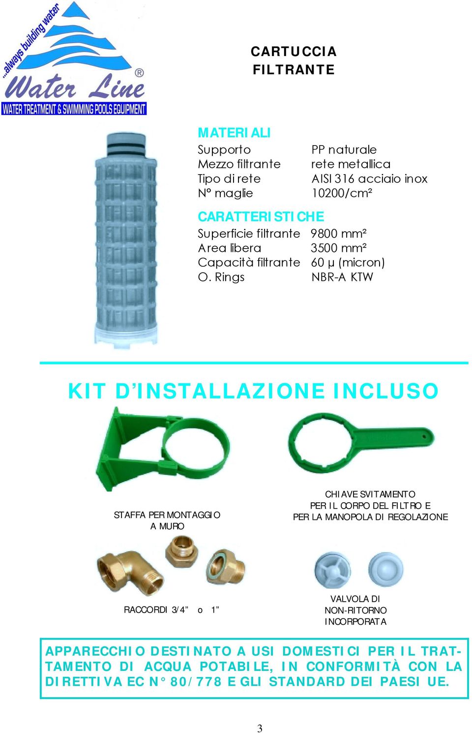 Rings NBR-A KTW KIT D STALLAZIONE CLUSO STAFFA PER MONTAGGIO A MURO CHIAVE SVITAMENTO PER IL CORPO DEL FILTRO E PER LA MANOPOLA DI REGOLAZIONE