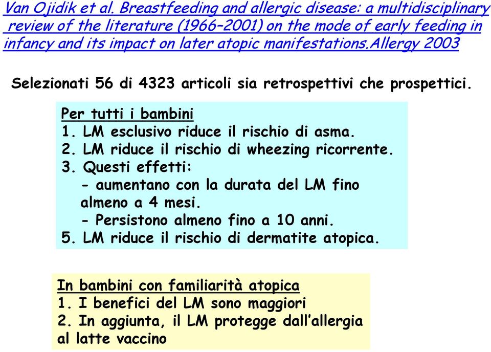 manifestations.allergy 2003 Selezionati 56 di 4323 articoli sia retrospettivi che prospettici. Per tutti i bambini 1. LM esclusivo riduce il rischio di asma. 2. LM riduce il rischio di wheezing ricorrente.