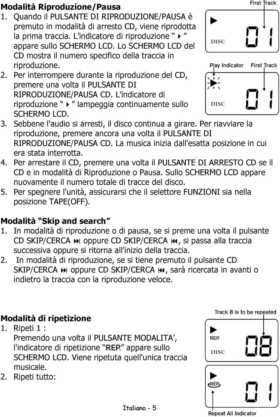 L indicatore di riproduzione lampeggia continuamente sullo SCHERMO LCD. 3. Sebbene l'audio si arresti, il disco continua a girare.