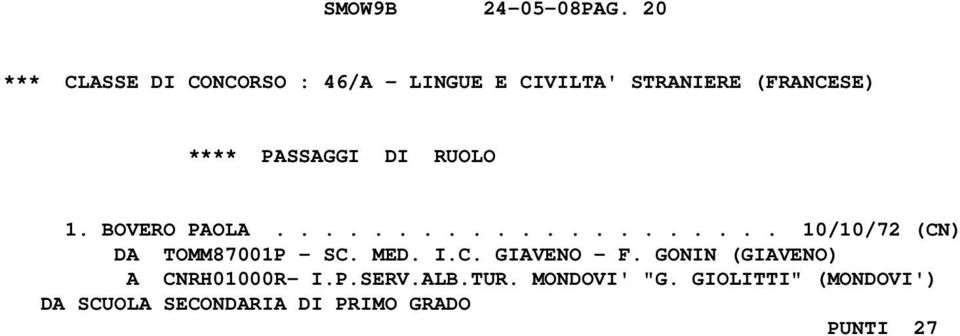 PASSAGGI DI RUOLO 1. BOVERO PAOLA..................... 10/10/72 (CN) DA TOMM87001P - SC.