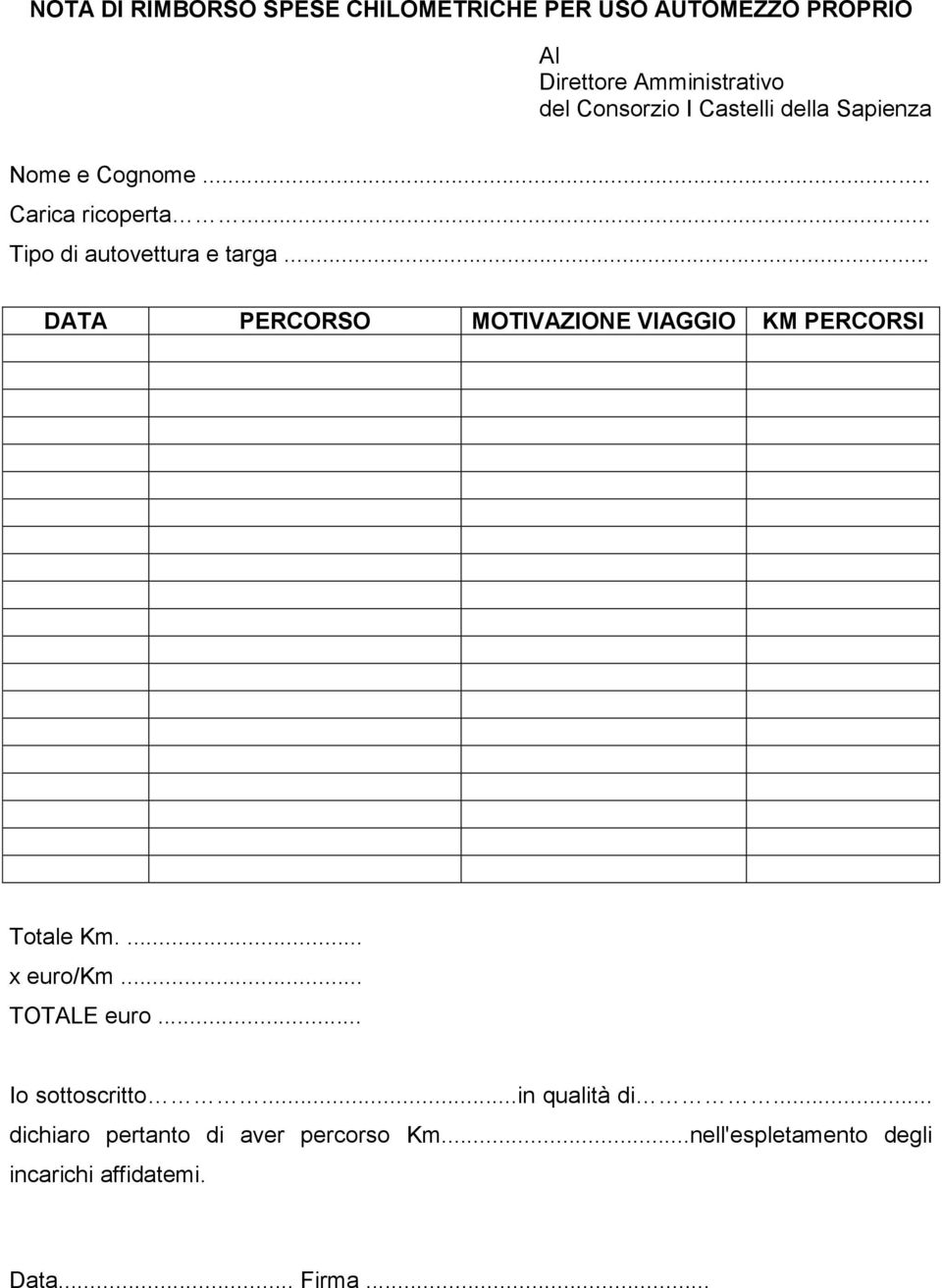 .. DATA PERCORSO MOTIVAZIONE VIAGGIO KM PERCORSI Totale Km.... x euro/km... TOTALE euro... Io sottoscritto.