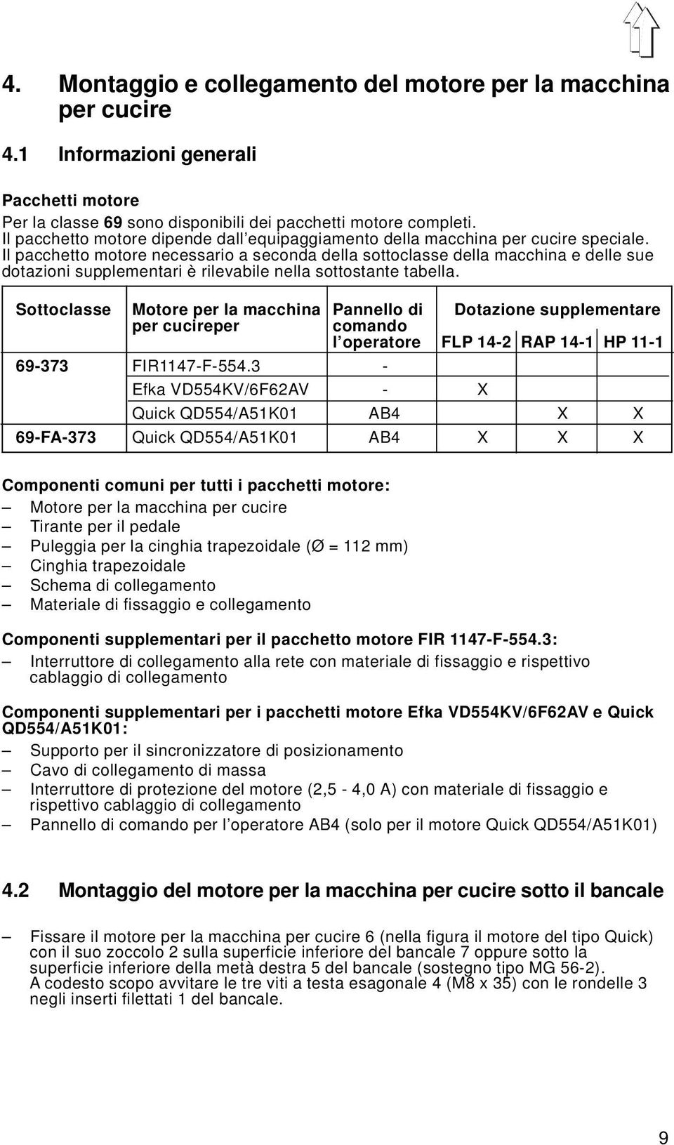 Il pacchetto motore necessario a seconda della sottoclasse della macchina e delle sue dotazioni supplementari è rilevabile nella sottostante tabella.