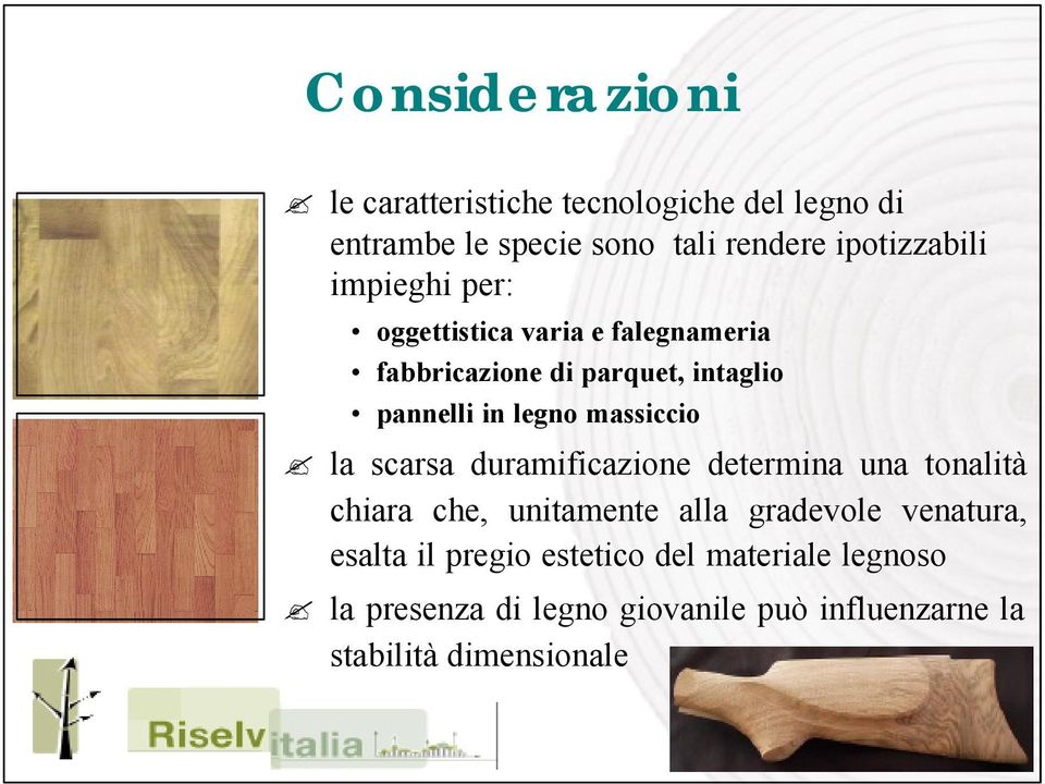 massiccio la scarsa duramificazione determina una tonalità chiara che, unitamente alla gradevole venatura,