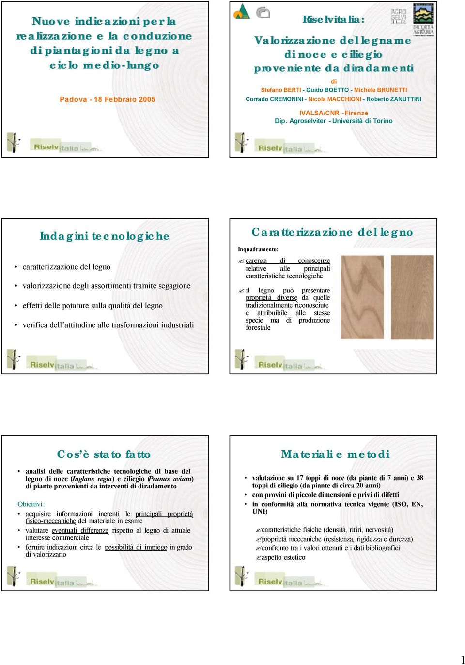 Agroselviter -Università di Torino Indagini tecnologiche caratterizzazione del legno valorizzazione degli assortimenti tramite segagione effetti delle potature sulla qualità del legno verifica dell