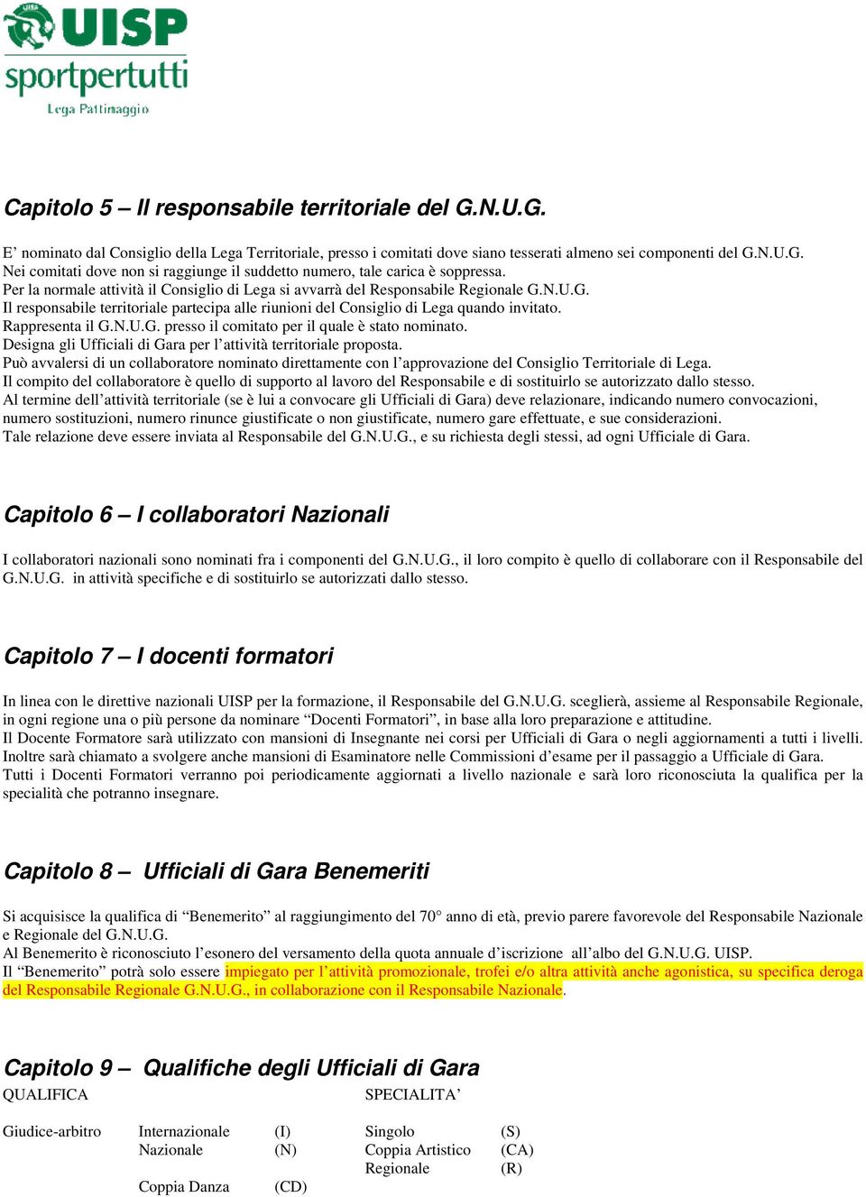 Rappresenta il G.N.U.G. presso il comitato per il quale è stato nominato. Designa gli Ufficiali di Gara per l attività territoriale proposta.