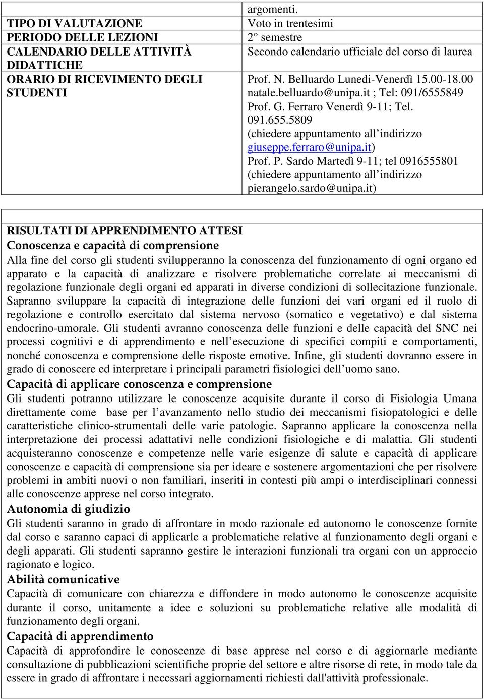 Ferraro Venerdì 9-11; Tel. 091.655.5809 (chiedere appuntamento all indirizzo giuseppe.ferraro@unipa.it) Prof. P. Sardo Martedì 9-11; tel 0916555801 (chiedere appuntamento all indirizzo pierangelo.