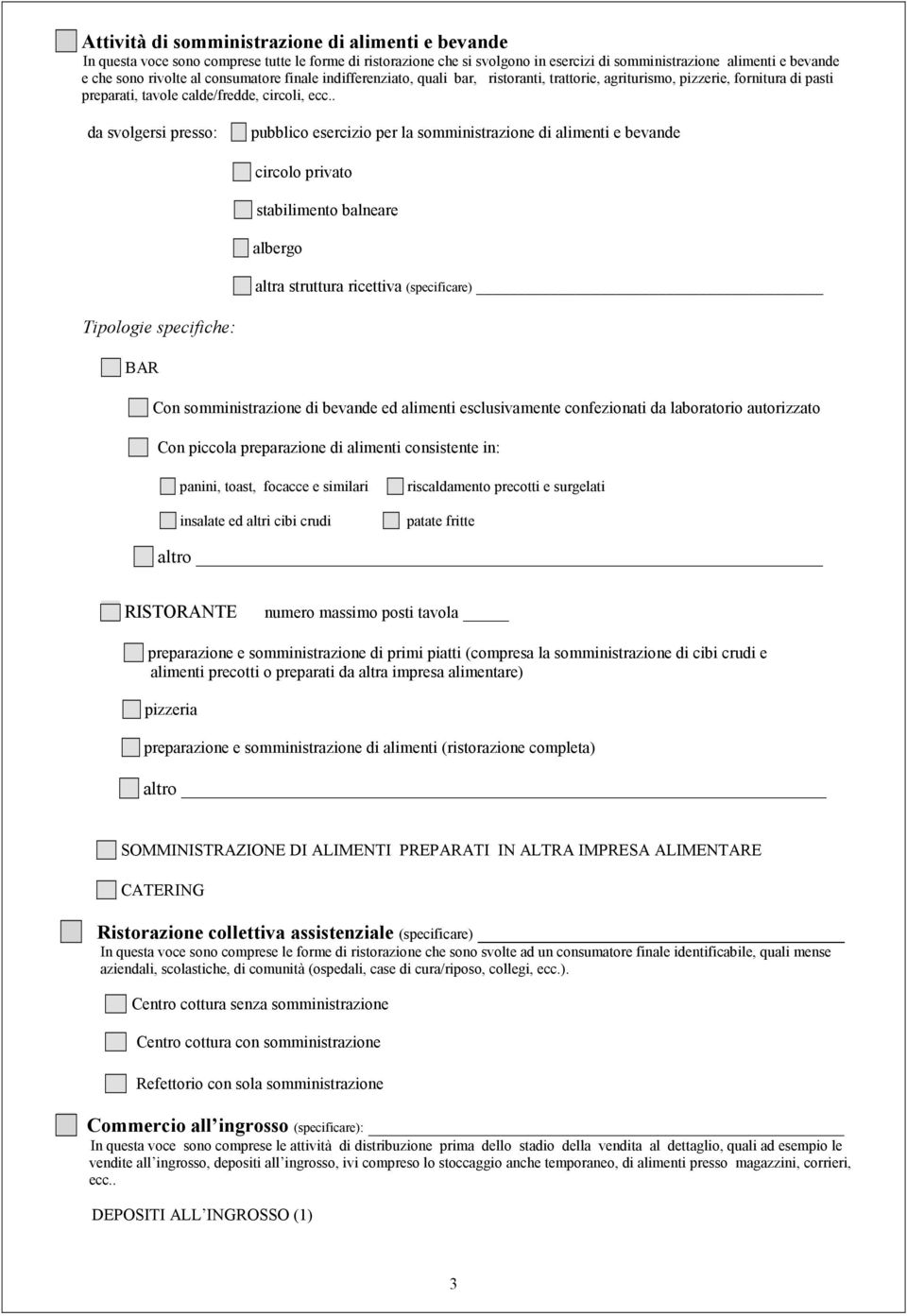 . da svolgersi presso: pubblico esercizio per la somministrazione di alimenti e bevande circolo privato stabilimento balneare albergo altra struttura ricettiva (specificare) Tipologie specifiche: BAR