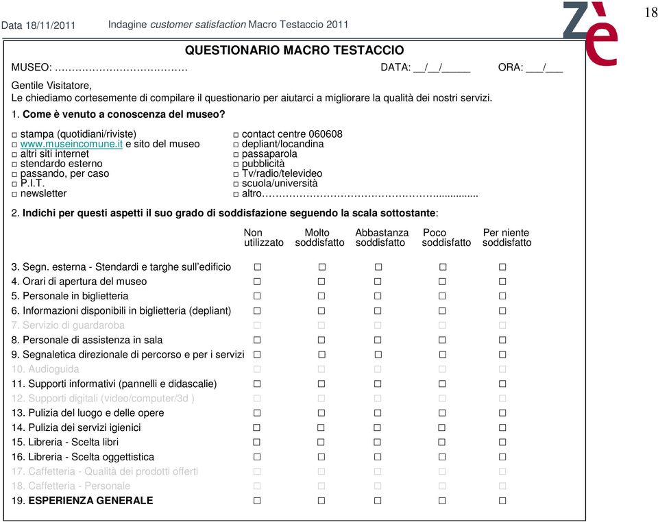 it e sito del museo depliant/locandina altri siti internet passaparola stendardo esterno pubblicità passando, per caso Tv/radio/televideo P.I.T. scuola/università newsletter altro... 2.