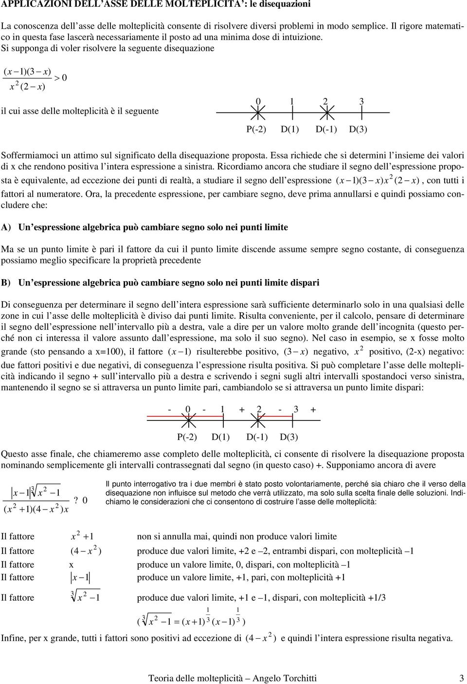 Si suppoga di voler risolvere la seguete disequazioe ( )( ) > 0 ( ) il cui asse delle molteplicità è il seguete 0 P(-) D() D(-) D() Soffermiamoci u attimo sul sigificato della disequazioe proposta.