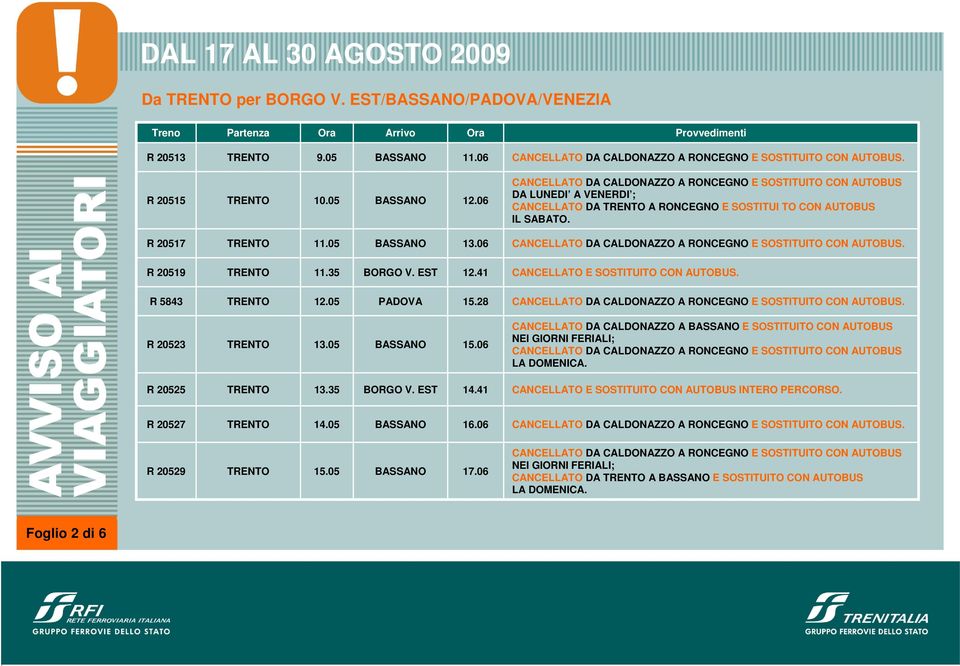 35 BORGO V. EST 12.41 CANCELLATO E SOSTITUITO CON R 5843 TRENTO 12.05 PADOVA 15.28 CANCELLATO DA CALDONAZZO A RONCEGNO E SOSTITUITO CON R 20523 TRENTO 13.05 BASSANO 15.