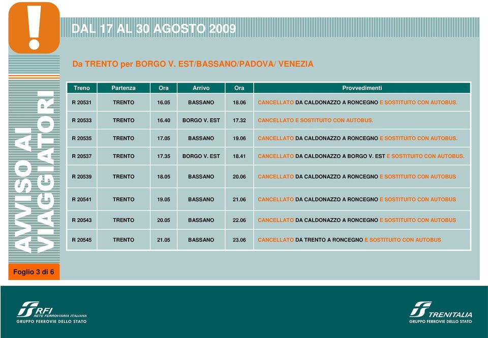 05 BASSANO 19.06 CANCELLATO DA CALDONAZZO A RONCEGNO E SOSTITUITO CON R 20537 TRENTO 17.35 BORGO V. EST 18.41 CANCELLATO DA CALDONAZZO A BORGO V.