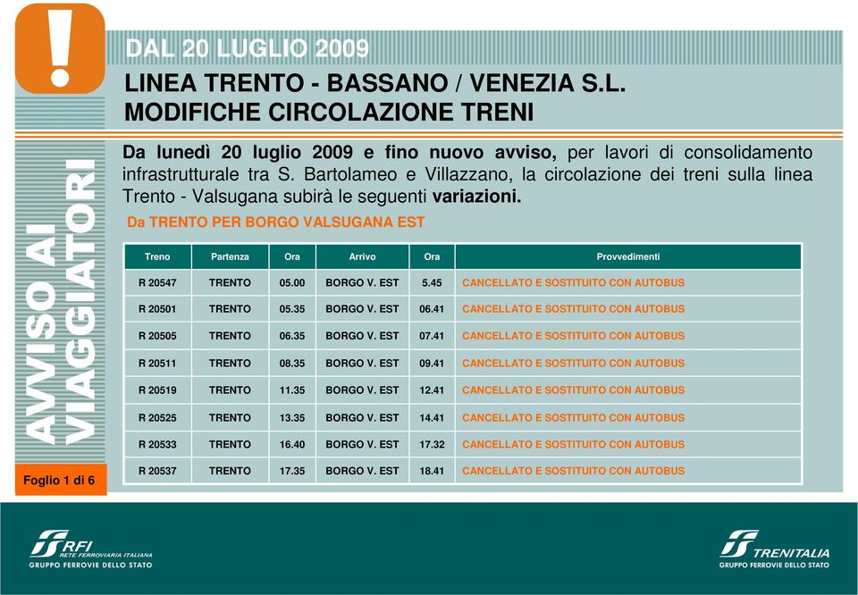 Bartolameo e Villazzano, la circolazione dei treni sulla linea Trento - Valsugana subirà le seguenti variazioni.