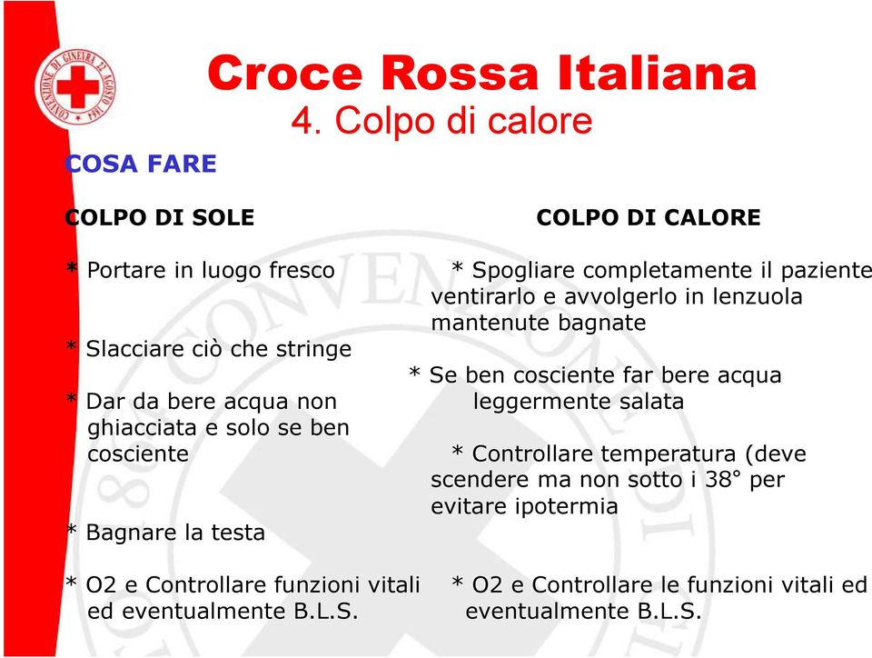 lenzuola mantenute bagnate * Slacciare ciò che stringe * Se ben cosciente far bere acqua * Dar da bere acqua non leggermente salata