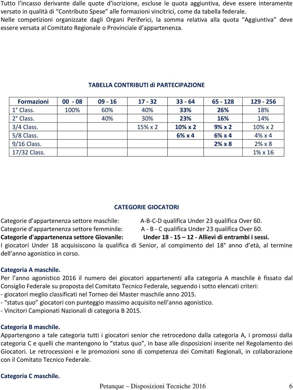 TABELLA CONTRIBUTI di PARTECIPAZIONE Formazioni 00-08 09-16 17-32 33-64 65-128 129-256 1 Class. 100% 60% 40% 33% 26% 18% 2 Class. 40% 30% 23% 16% 14% 3/4 Class.