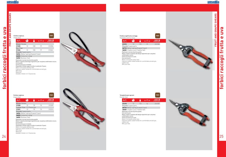 qualità. Manici in plastica dal design ergonomico per una presa confortevole e sicura. Con laccetto. Fermo di chiusura in metallo. Disponibile in blister oppure sciolta in scatola da 12 pezzi.