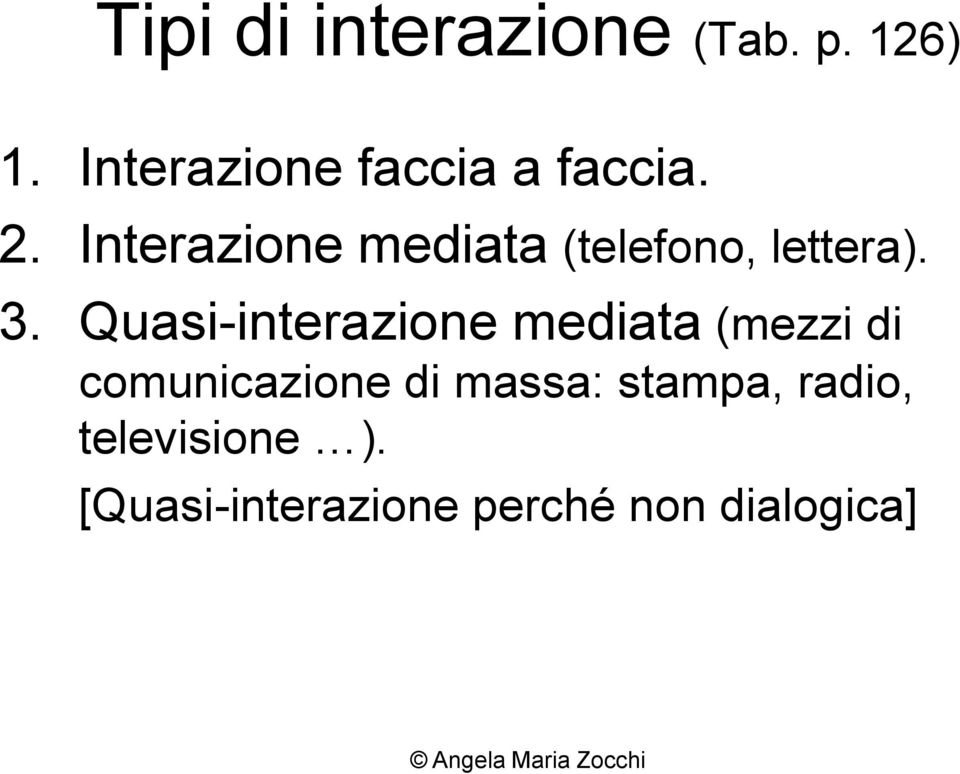 Interazione mediata (telefono, lettera). 3.