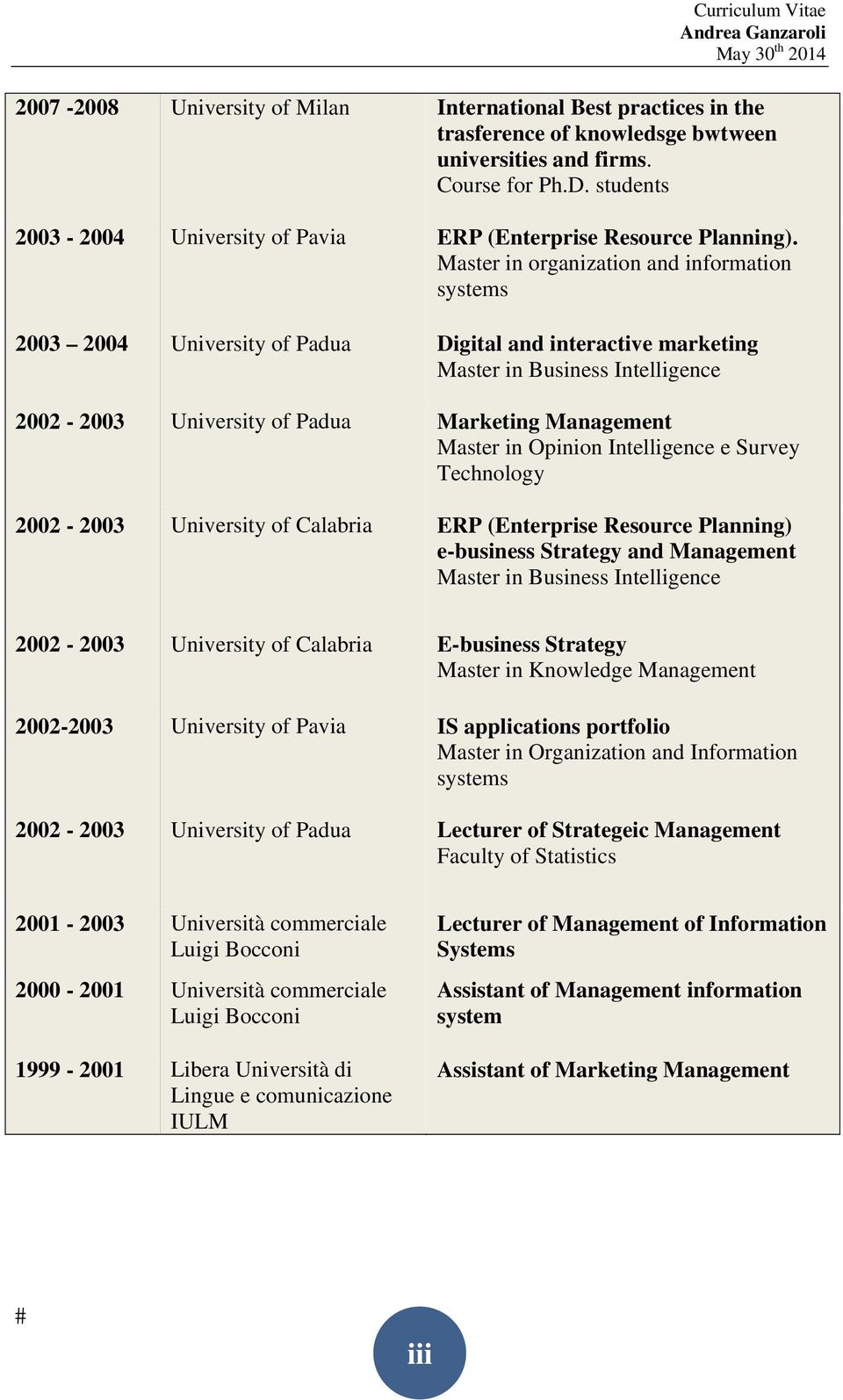 Master in organization and information systems 2003 2004 University of Padua Digital and interactive marketing Master in Business Intelligence 2002-2003 University of Padua Marketing Management