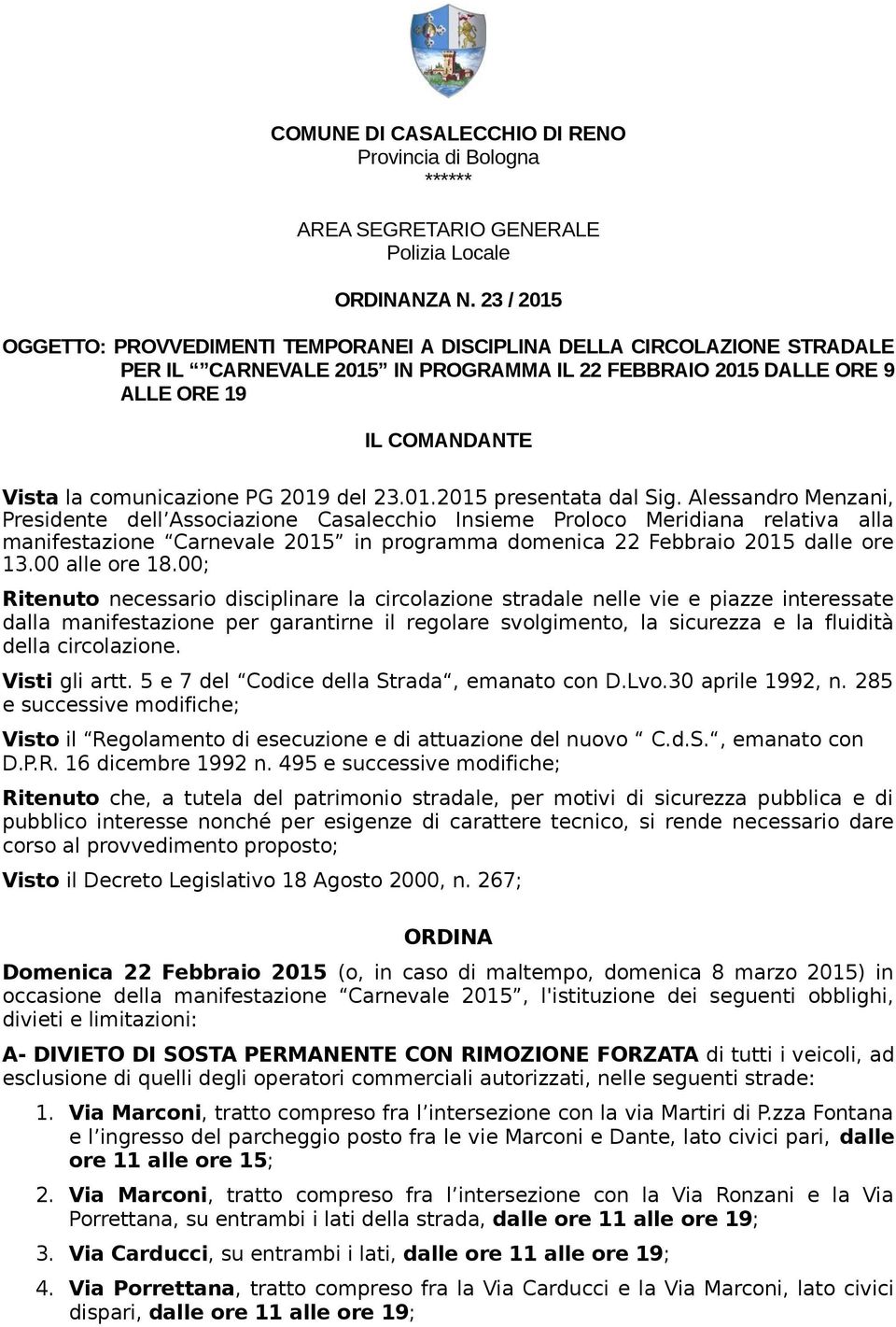 comunicazione PG 2019 del 23.01.2015 presentata dal Sig.