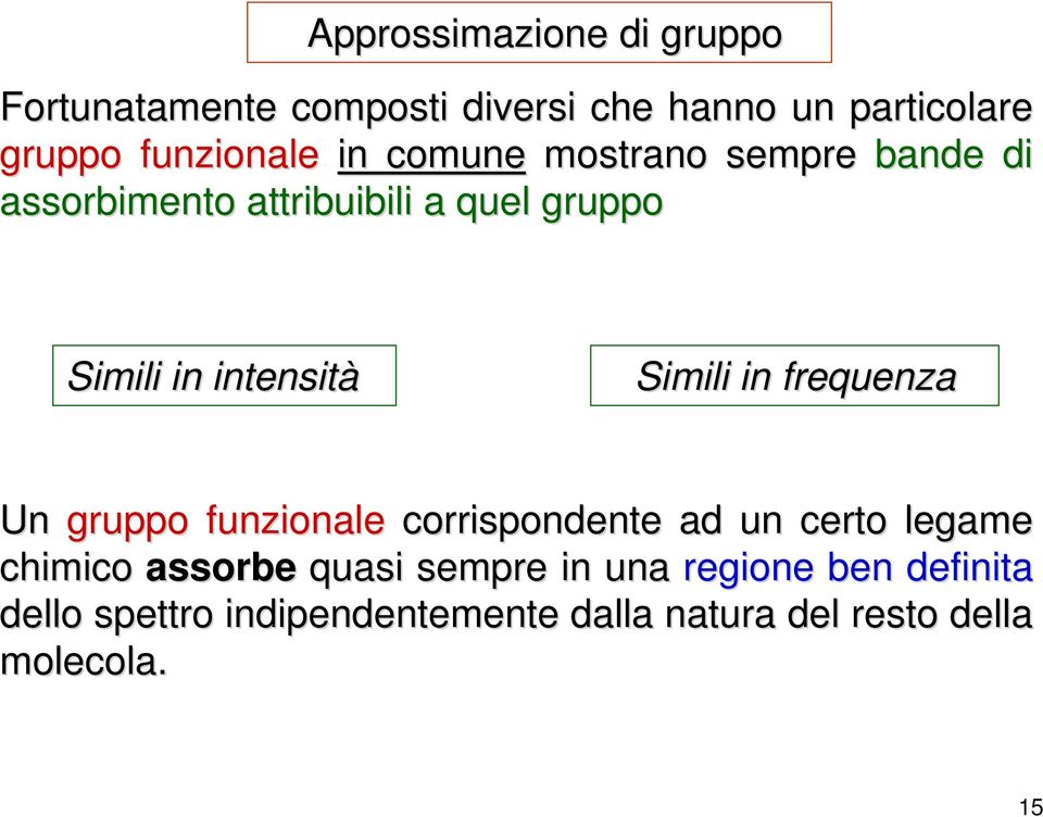 Simili in frequenza Un gruppo funzionale corrispondente ad un certo legame chimico assorbe quasi