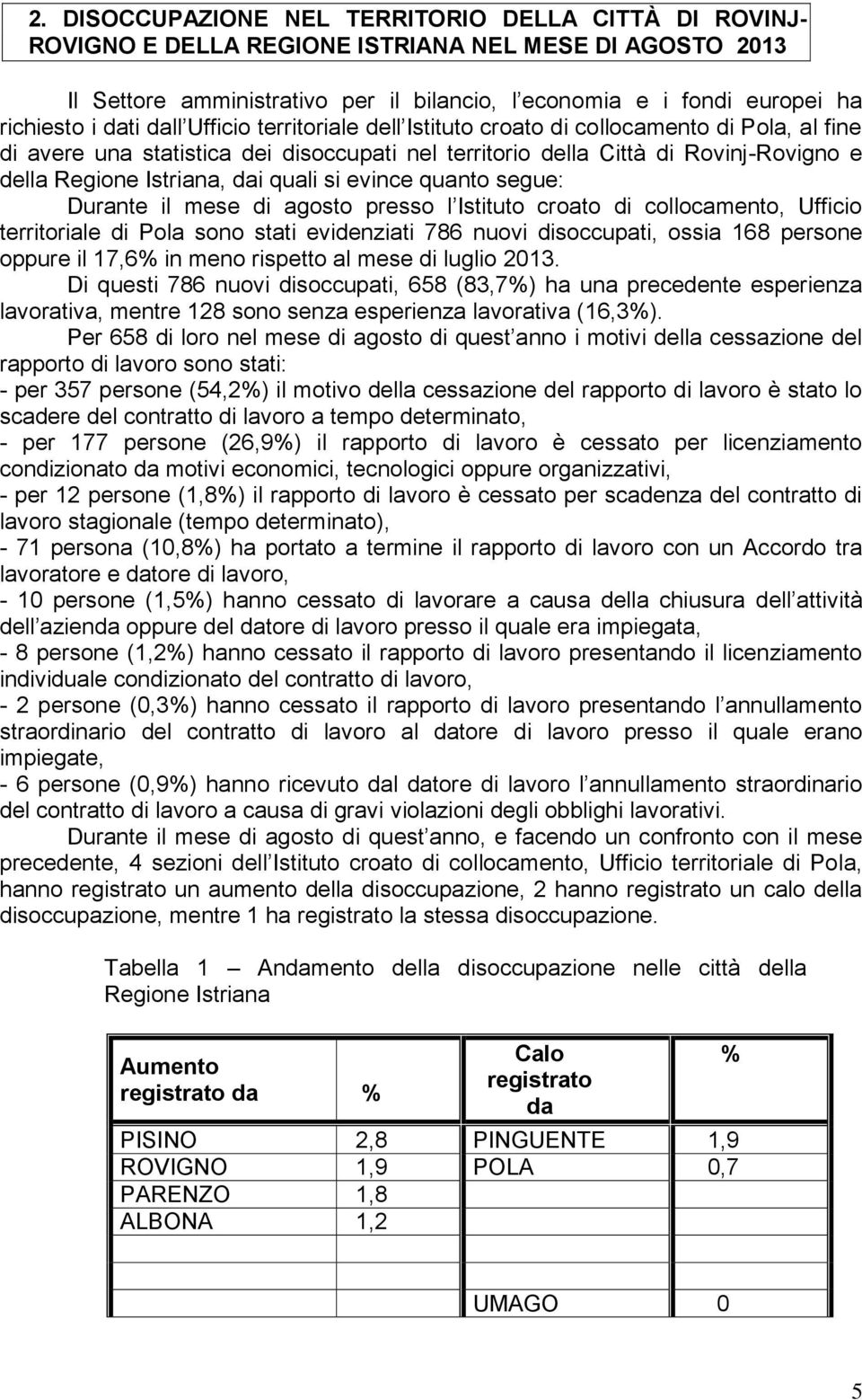 quali si evince quanto segue: Durante il mese di agosto presso l Istituto croato di collocamento, Ufficio territoriale di Pola sono stati evidenziati 786 nuovi disoccupati, ossia 168 persone oppure