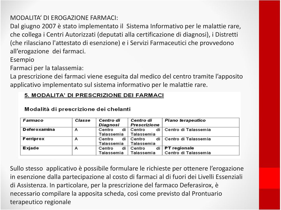 Esempio Farmaci per la talassemia: La prescrizione dei farmaci viene eseguita dal medico del centro tramite l apposito applicativo implementato sul sistema informativo per le malattie rare.