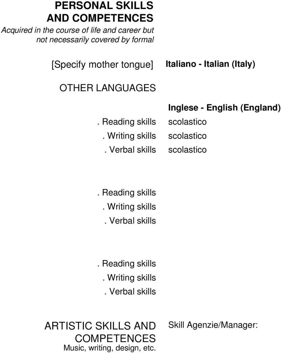 Verbal skills Inglese - English (England) scolastico scolastico scolastico. Reading skills. Writing skills.