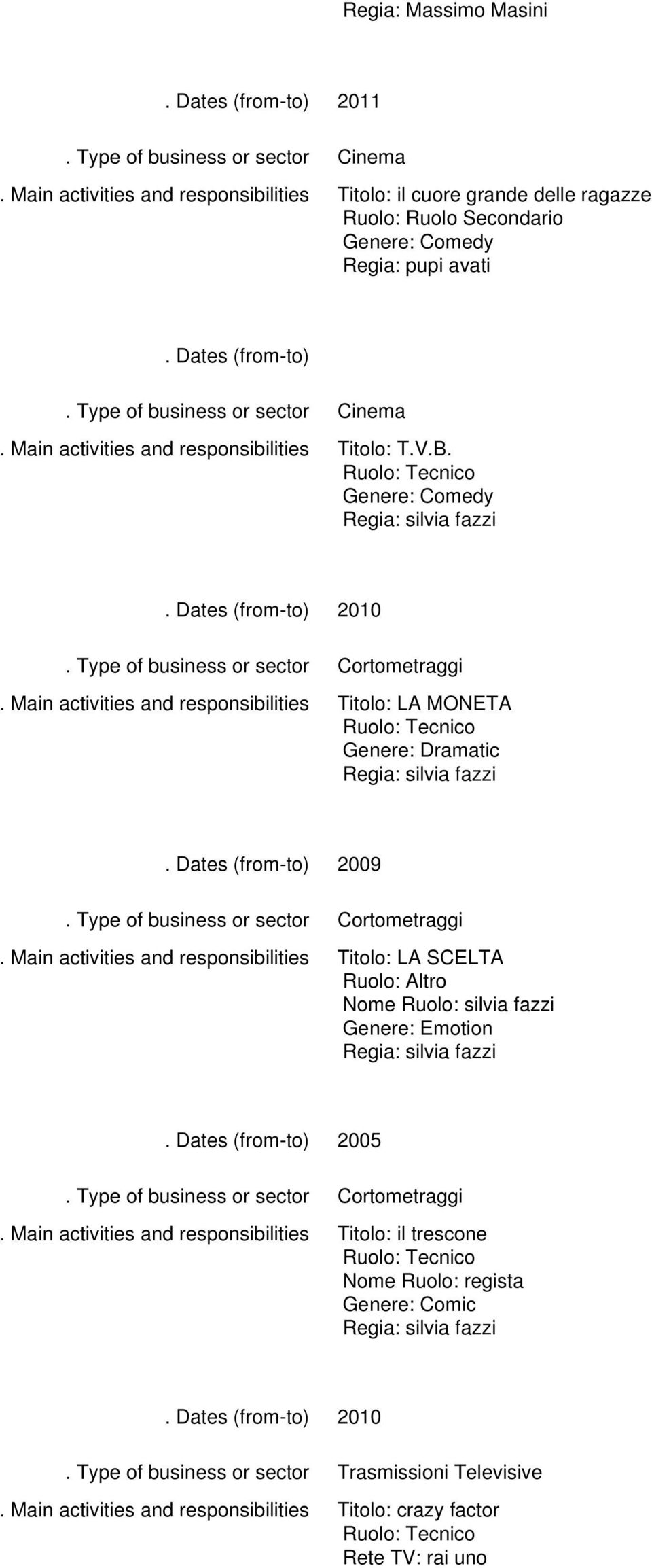 Genere: Comedy Regia: silvia fazzi 2010 Cortometraggi Titolo: LA MONETA Genere: Dramatic Regia: silvia fazzi 2009 Cortometraggi