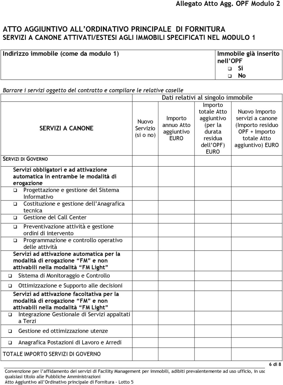 nell OPF Si No Barrare i servizi oggetto del contratto e compilare le relative caselle Dati relativi al singolo immobile Importo totale Atto Nuovo Importo Importo aggiuntivo servizi a canone Nuovo