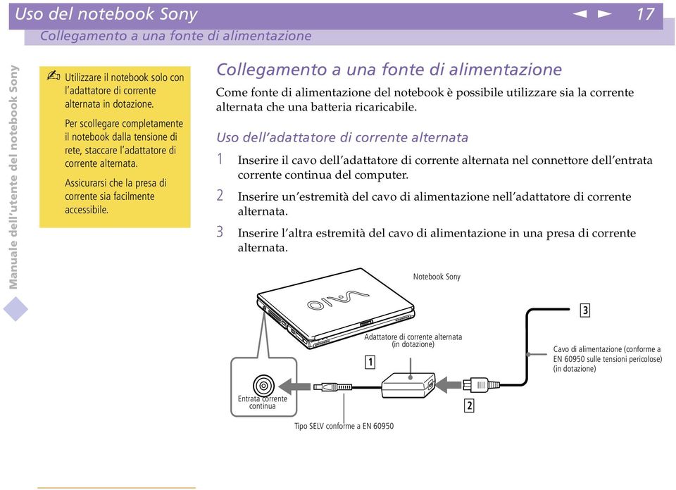 Collegameto a ua fote di alimetazioe Come fote di alimetazioe del otebook è possibile utilizzare sia la correte alterata che ua batteria ricaricabile.