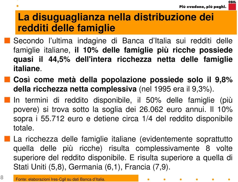 In termini di reddito disponibile, il 50% delle famiglie (più povere) si trova sotto la soglia dei 26.062 euro annui. Il 10% sopra i 55.712 euro e detiene circa 1/4 del reddito disponibile totale.