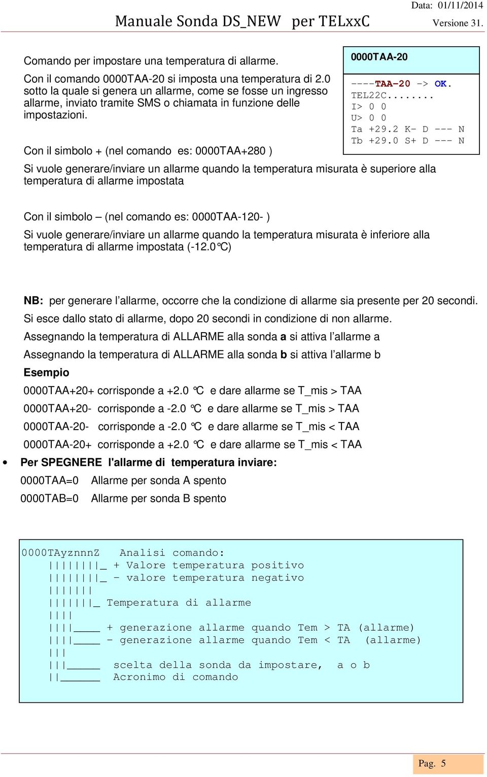 Con il simbolo + (nel comando es: 0000TAA+280 ) 0000TAA-20 ----TAA-20 -> OK. TEL22C... I> 0 0 U> 0 0 Ta +29.2 K- D --- N Tb +29.