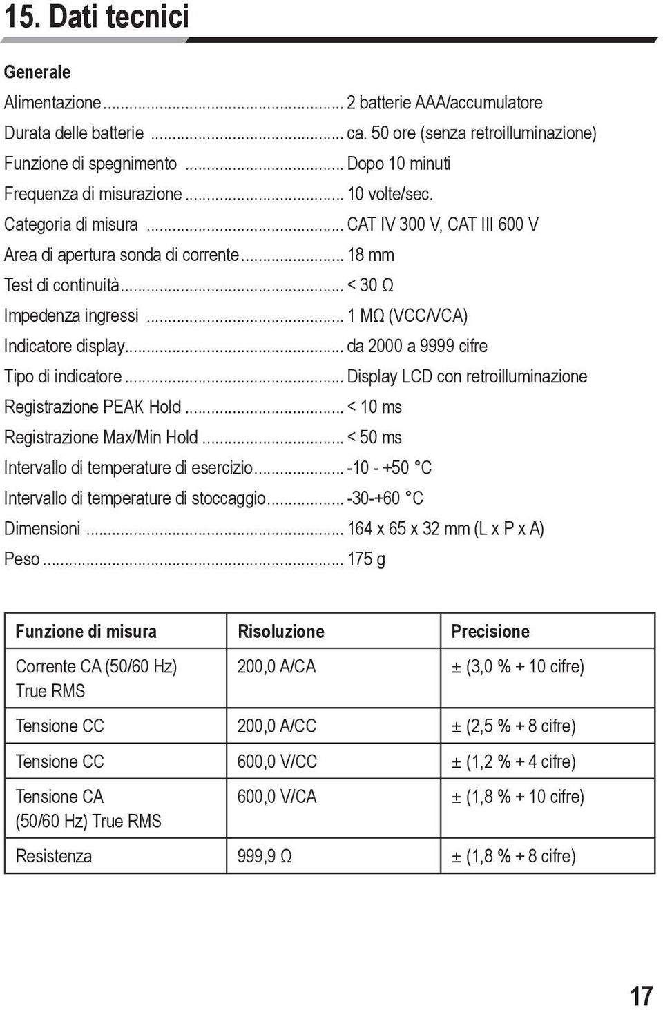 .. da 2000 a 9999 cifre Tipo di indicatore... Display LCD con retroilluminazione Registrazione PEAK Hold... < 10 ms Registrazione Max/Min Hold... < 50 ms Intervallo di temperature di esercizio.