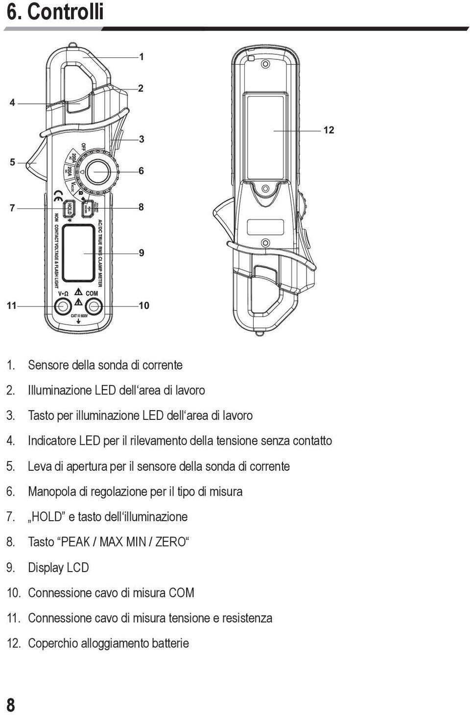 Leva di apertura per il sensore della sonda di corrente 6. Manopola di regolazione per il tipo di misura 7.