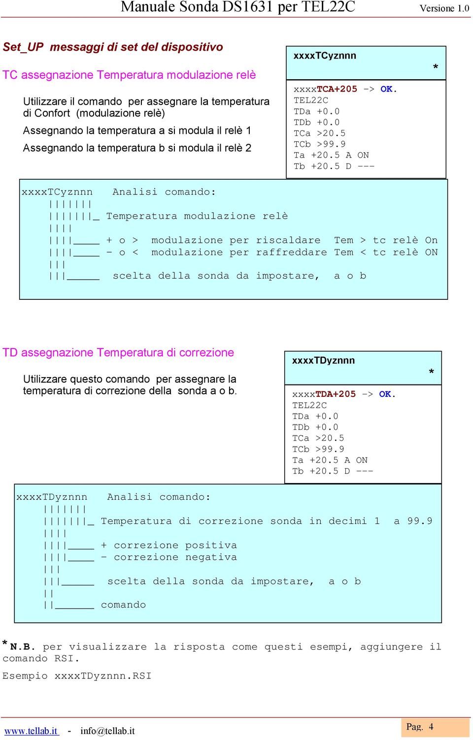 5 D --- * xxxxtcyznnn Analisi comando: _ Temperatura modulazione relè + o > modulazione per riscaldare Tem > tc relè On - o < modulazione per raffreddare Tem < tc relè ON scelta della sonda da