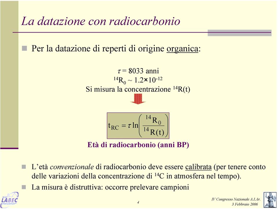 2 10-12 Si misura la concentrazione 14 R(t) 14 R0 t = RC τ ln 14 R(t) Età di radiocarbonio (anni BP)!