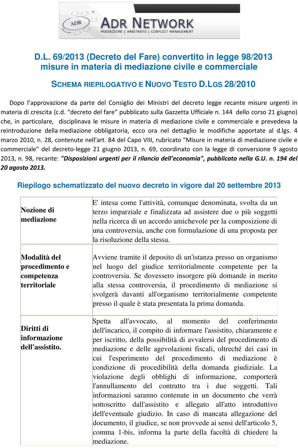 144 dello corso 21 giugno) che, in particolare, disciplinava le misure in materia di mediazione civile e commerciale e prevedeva la reintroduzione della mediazione obbligatoria, ecco ora nel